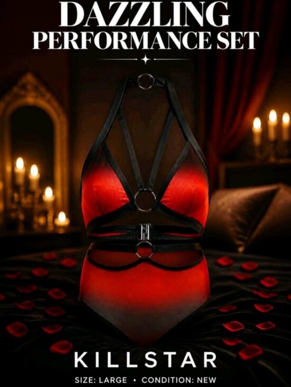 Killstar ✦ Bra & Panty Set ✦ Dazzling Performance Red Black Strappy Metal Ring L